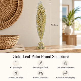 Gold leaf palm frond sculpture 67.3cm height specifications on oak console