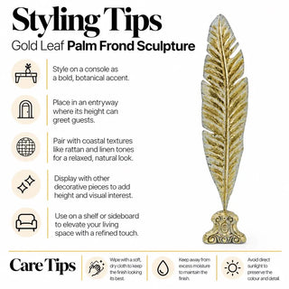 Gold leaf palm frond sculpture styling tips and care tips