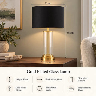 Gold plated glass lamp 56cm height 35cm shade 15cm base specifications on side table