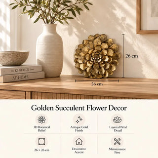 Golden succulent flower wall plaque 26cm x 26cm size guide on timber sideboard