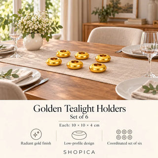 Golden tealight holders set of 6 each 10cm x 10cm x 4cm specifications on dining table