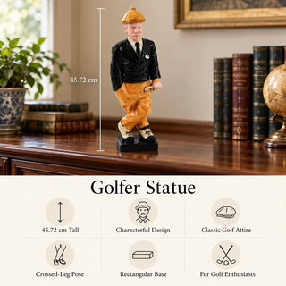 Golfer statue 45.72cm height guide with feature icons on wooden cabinet