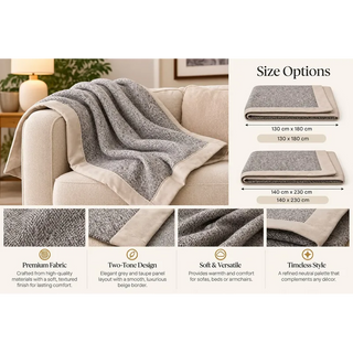  Grey and taupe panel throw blanket size options 130cm x 180cm and 140cm x 230cm on sofa