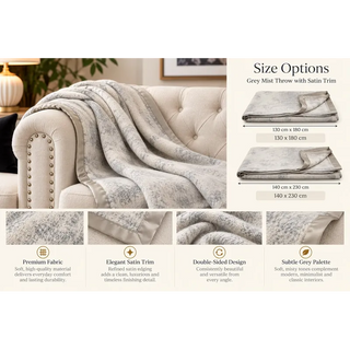 Grey mist throw with satin trim size options 130cm x 180cm and 140cm x 230cm on cream sofa
