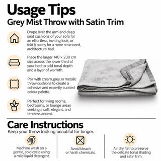 Grey mist throw with satin trim usage tips and care instructions