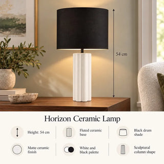 Horizon ceramic lamp 54cm height specifications on walnut side table
