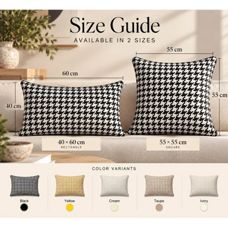 Houndstooth print woven modern cushion size guide 40cm x 60cm and 55cm x 55cm