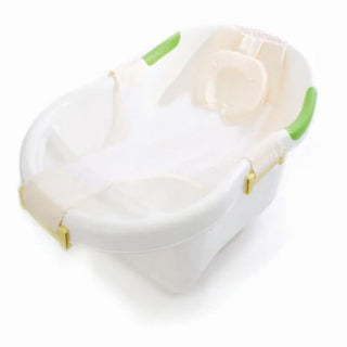 White plastic baby bathtub with mesh sling and green handles, infant bath support