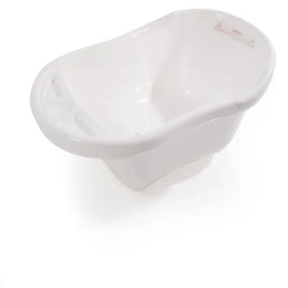 White plastic baby bathtub with contoured shape and built-in seat support
