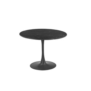 Modern round black marble table with a single pedestal base on white background