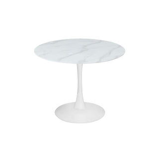 Modern round white marble dining table with single pedestal base