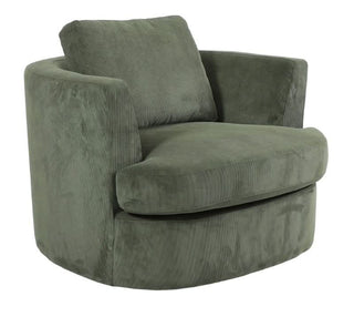 Green corduroy swivel accent chair with rounded back and plush cushion