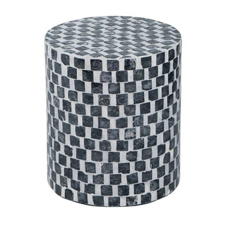 Black and white checkered cylindrical side table with mosaic pattern