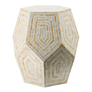 Geometric side table with white and gold mosaic pattern, modern home decor accent