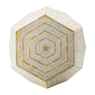 Decorative octagonal box with mosaic pattern in beige and white tones, top view.