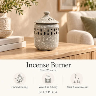 Incense burner grey floral 25.4cm specifications on oak sideboard