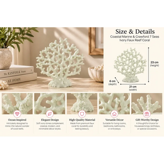 Ivory faux reef coral decor size guide 21cm x 6cm x 23cm with texture close ups