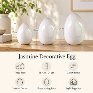 Jasmine decorative egg white size guide 15cm 20cm and 24cm on wooden tabletop