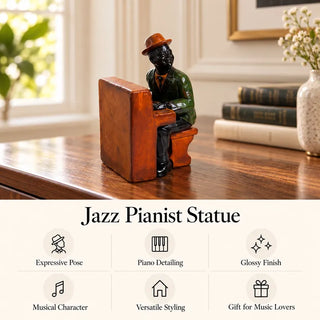 Jazz pianist statue feature highlights card on polished timber sideboard with books