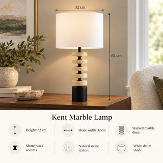 Kent marble lamp and shade 62cm height and 32cm width specifications on wooden sideboard