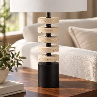 Kent marble lamp and shade close up of stacked stone discs black spacers and base