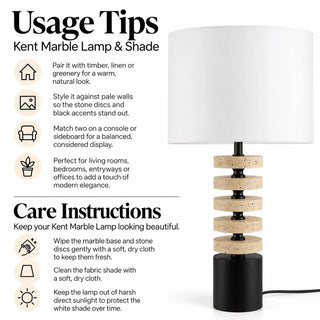 Kent marble lamp and shade usage tips and care instructions