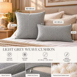 Light grey weave cushion 40cm x 60cm and 60cm x 60cm specifications and fabric close ups