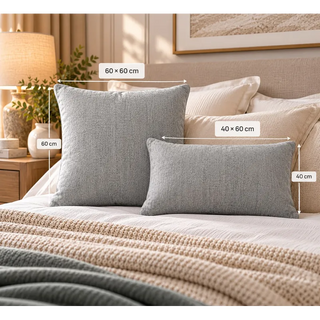 Light grey weave cushion size guide 40cm x 60cm and 60cm x 60cm on white bed linen