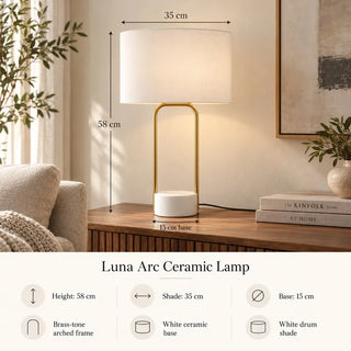 Luna arc ceramic lamp 58cm height 35cm shade 15cm base specifications on walnut sideboard