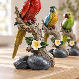 Macaw on branch bird set of 3 red parrot close up with white flower and grey stones