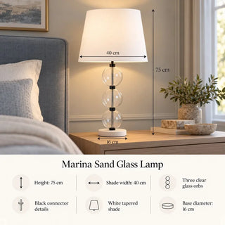 Marina sand glass lamp 75cm height 40cm shade 16cm base specifications on bedside table