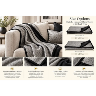 Metallic grey and black throw with black trim size options 130cm x 180cm and 140cm x 230cm