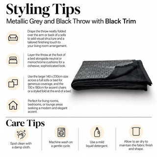 Metallic grey and black throw with black trim styling tips and care tips