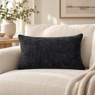 40cm x 60cm Midnight rain cushion charcoal rectangle on cream sofa with knit throw

