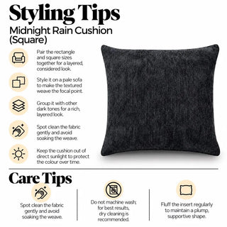 Midnight rain cushion styling tips and care tips