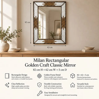 Milan rectangular golden mirror 82cm x 62cm specifications above wooden sideboard