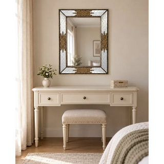 Milan rectangular golden mirror above cream dressing table with upholstered stool