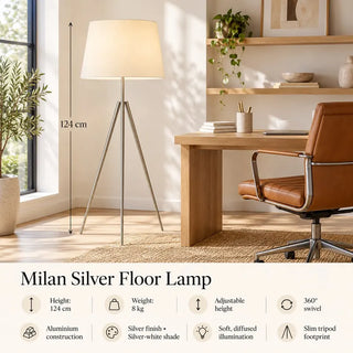 Milan silver floor lamp 124cm height specifications in home office beside oak desk