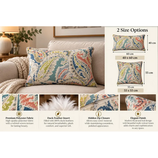 Multi colour flower leaf pattern cushion size guide 40cm x 60cm and 55cm x 55cm on sofa