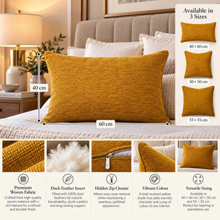 Mustard yellow woven cushion size guide 40cm x 60cm 50cm x 50cm and 55cm x 55cm