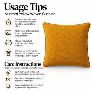 Mustard yellow woven cushion usage tips and care instructions