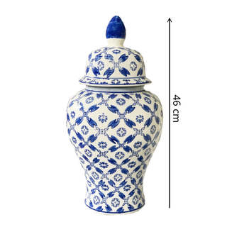 Blue and white ceramic ginger jar with floral pattern, 46 cm tall, home decor.