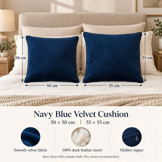  Navy blue velvet cushion set size guide 50cm x 50cm and 55cm x 55cm on cream linen bed