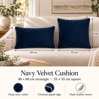 Navy velvet cushion size guide 40cm x 60cm and 55cm x 55cm on cream sofa