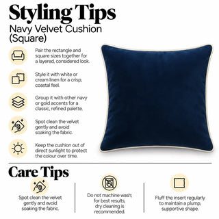 Navy velvet cushion styling tips and care tips