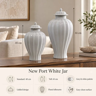 New port white jar 40cm and 61cm height guide with feature icons on walnut sideboard