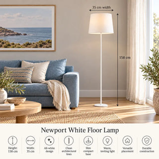 Newport white floor lamp 158cm height and 35cm width specifications beside blue sofa