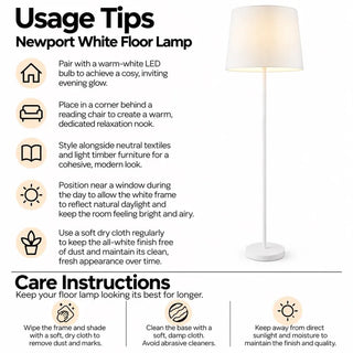 Newport white floor lamp usage tips and care instructions