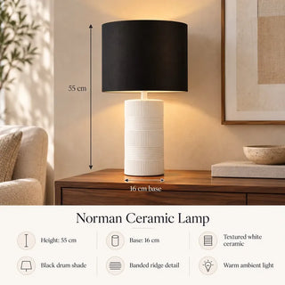 Norman ceramic lamp 55cm height and 16cm base specifications on walnut cabinet