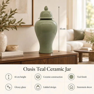 Oasis teal ceramic jar 61cm height specifications on walnut sideboard
